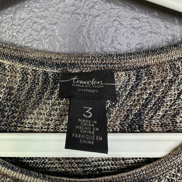 Chicos Travelers Open Knit Sweater 3 XL Fringe Metallic Boho Brown Gray - Picture 3 of 7